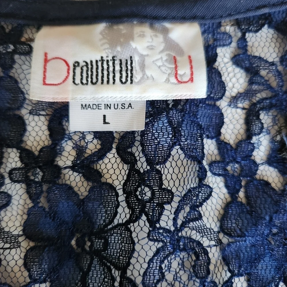Beautiful U Women L Navy Blue Crochet Lace Scalloped Hem Button Front Cardigan
